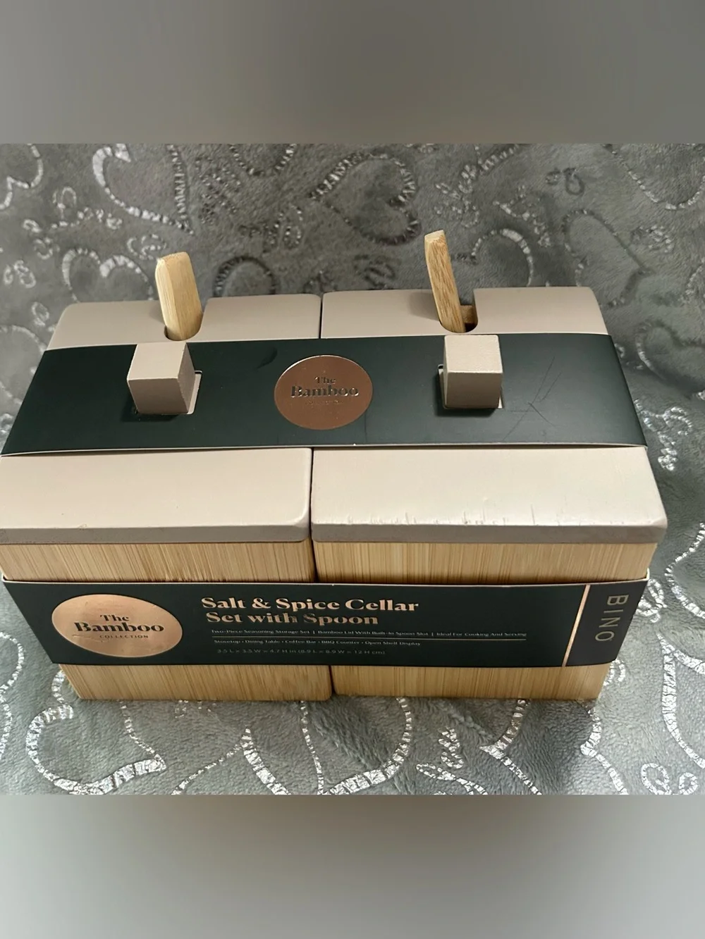 NWT Bino Bamboo Collection, 6oz, Clay Tan, Salt & Spice Cellar Set with Spoons